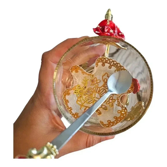 Arc of France Glass Tea Coffee Red Rose & Purple Butterfly Matching Spoon - Picture 6 of 6